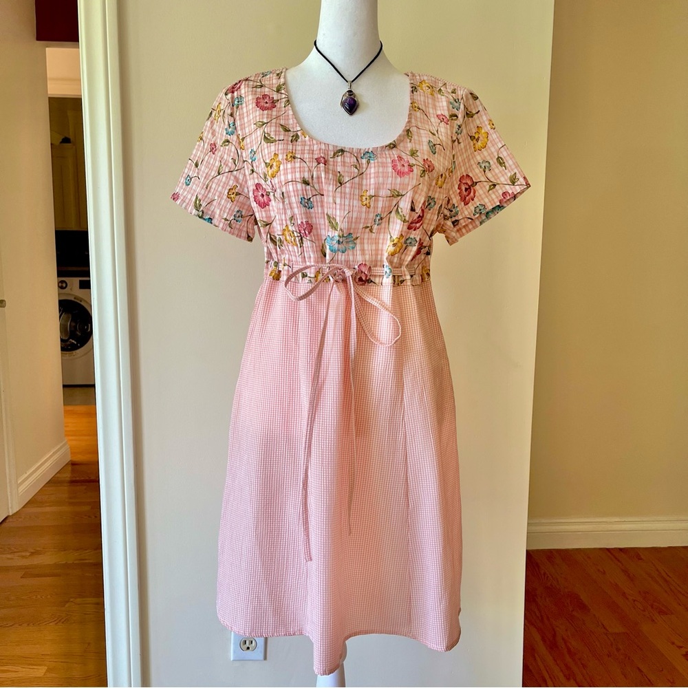 Vintage 90s Floral Gingham Dress S-M Cottagecore Fairycore Picnic Coquette Pink